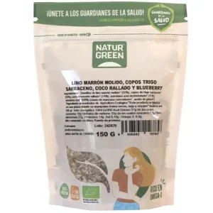 Lino marrón molido, copos trigo sarraceno, coco rallado y blueberry 150gr – Naturgreen